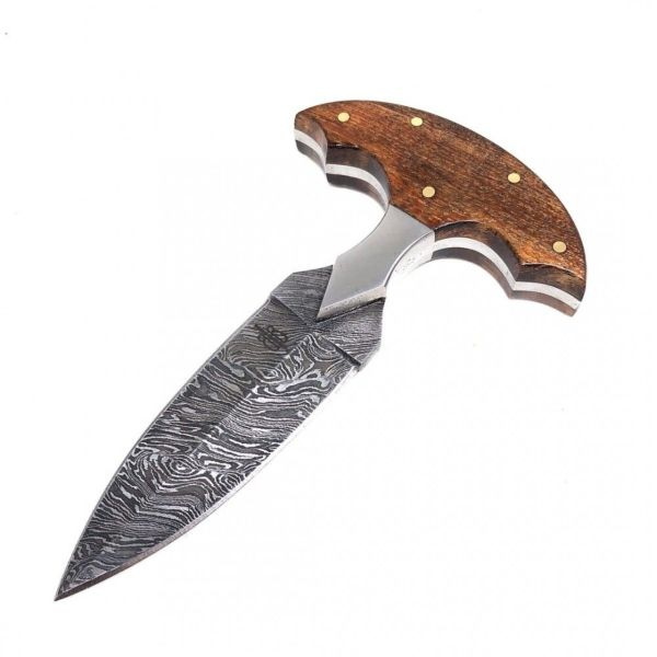 Handmade Fixed Push Dagger Damascus Steel Walnut Wood 